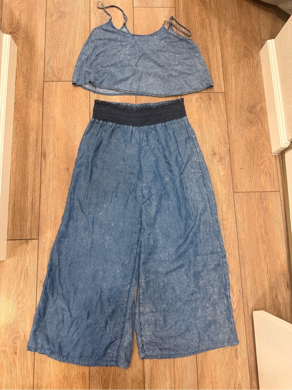 refuge Dusty Blue Denim-Look Crop Top & Wide Leg Set 0235